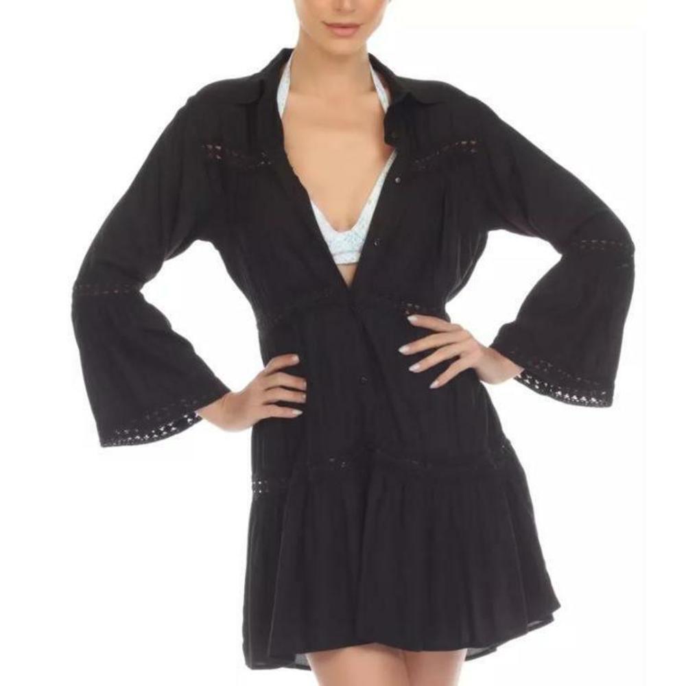 Raviya Women's Lace-Inset Button-Front Dress Cover-Up Black X Small